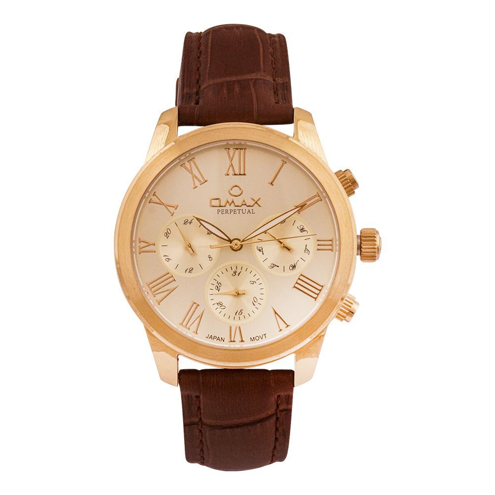 Omax Men's Perpetual Golden Round Dial With Brown Texture Strap Chronograph Watch, PG10