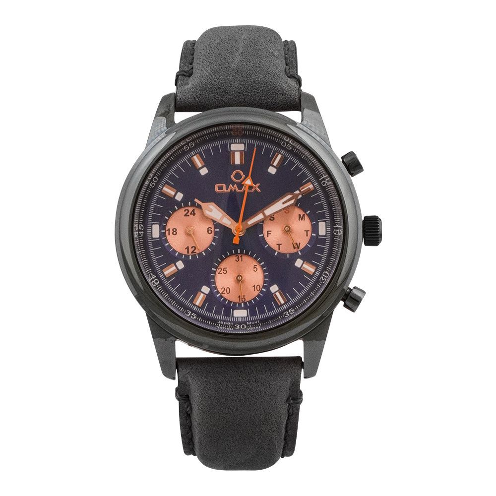 Omax Men's Black Strap Round Dial Chronograph Watch, VC02