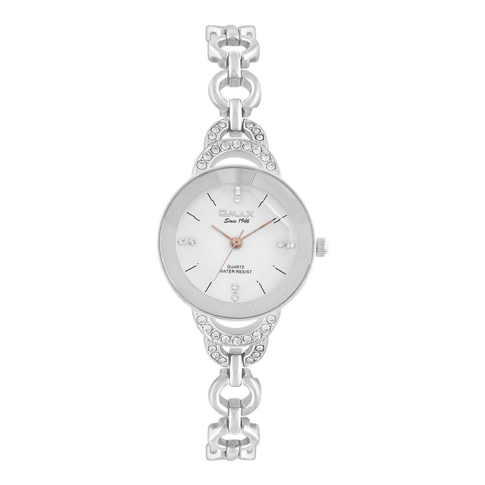 Omax Women's Designed Silver Round Dial With Chain Analog Watch, JEC008I003