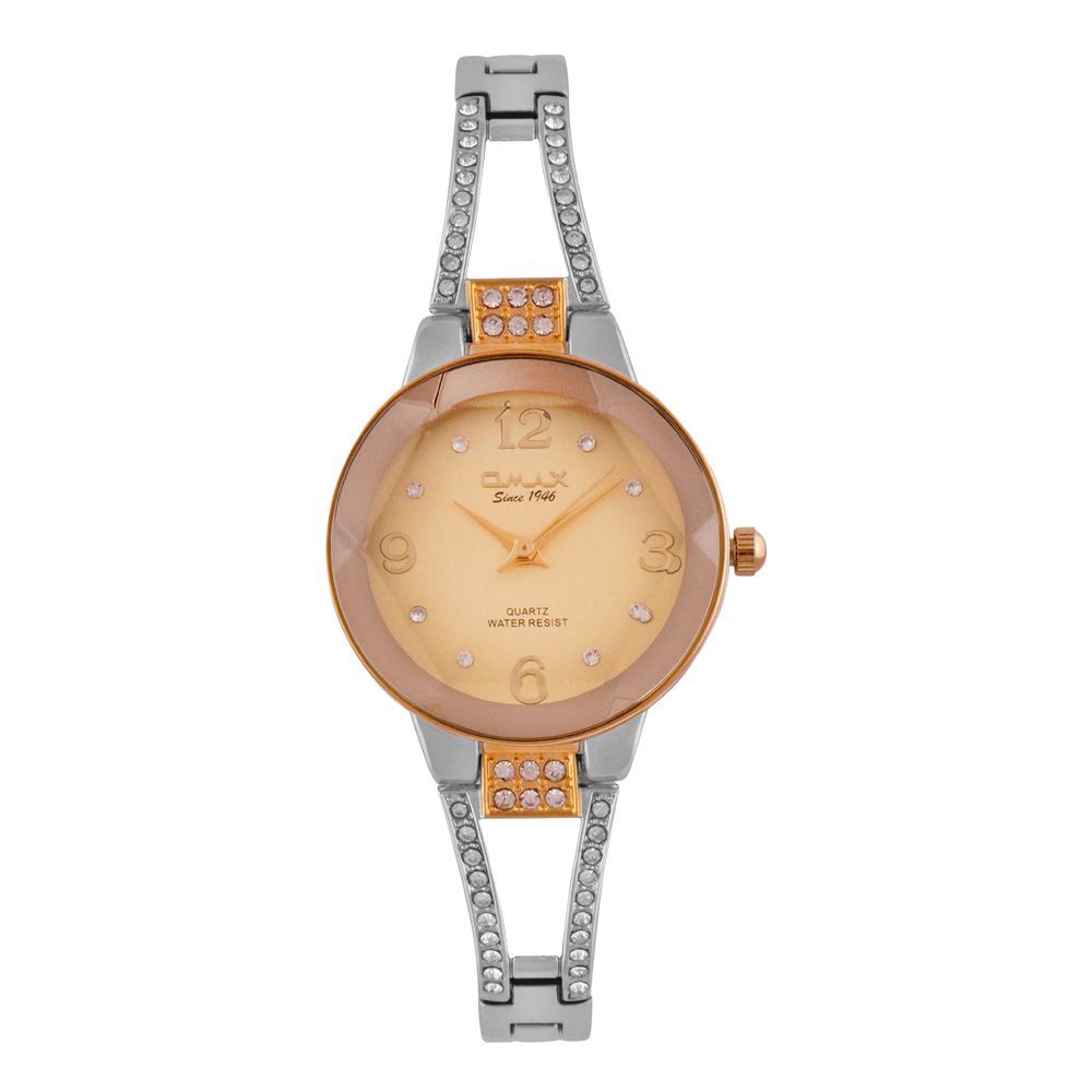 Omax Women's Rose Gold Round Dial With Chrome Designed Chain Analog Watch, JEC020N001