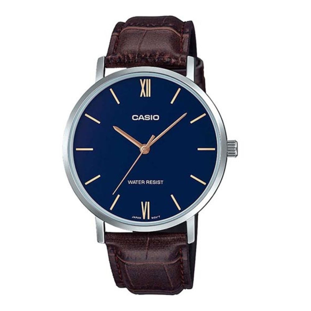 Casio Men's Enticer Analog Watch With Blue Dial Casual & Designed Dark Brown Strap, MTP-VT01L-2BUDF