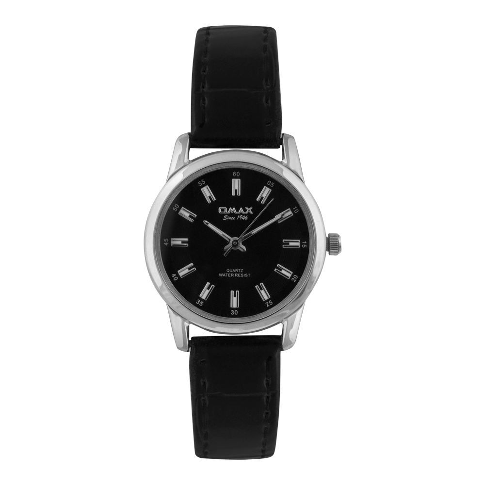 Omax Women's Chrome Round Dial With Black Background & Plain Black Strap Analog Watch, PR0020IB02