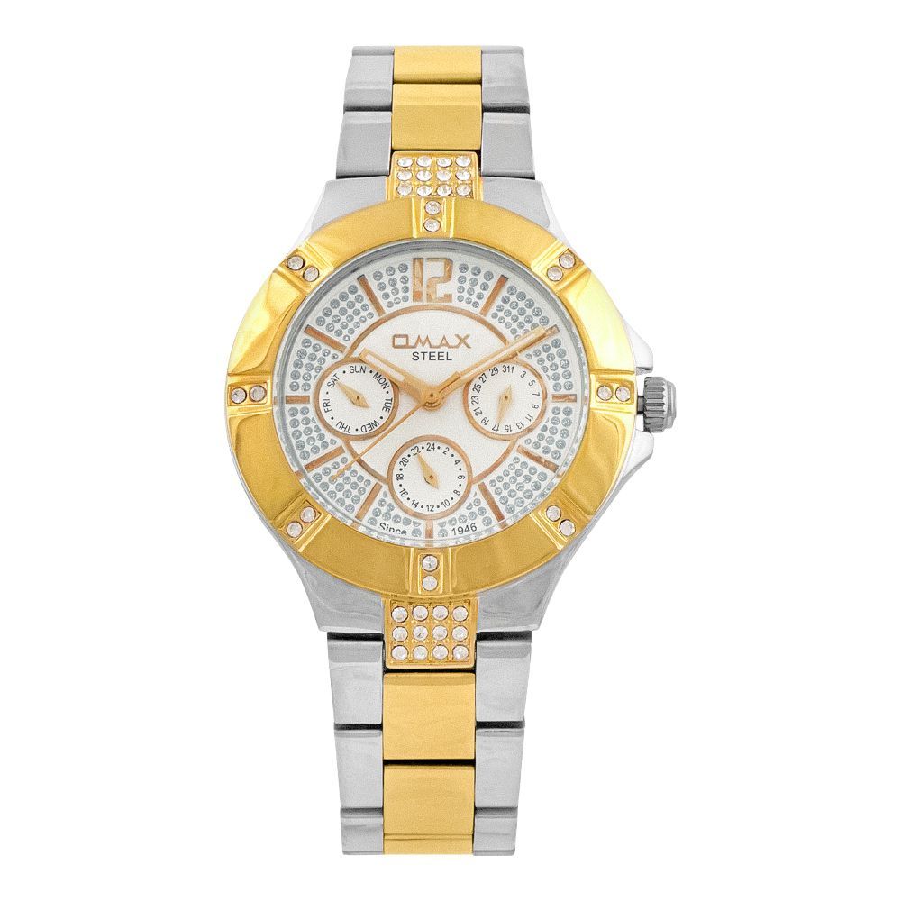 Omax Women's Designed Round Dial & Background & Two Tone Bracelet Chronograph Watch, 48SMT36I