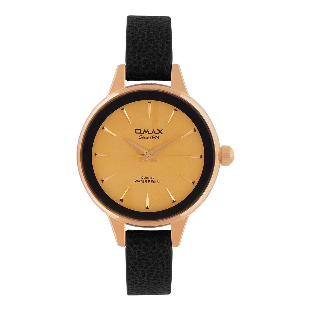Omax Women's Golden Round Dial With Plain Black Strap Analog Watch, CE0277QB11