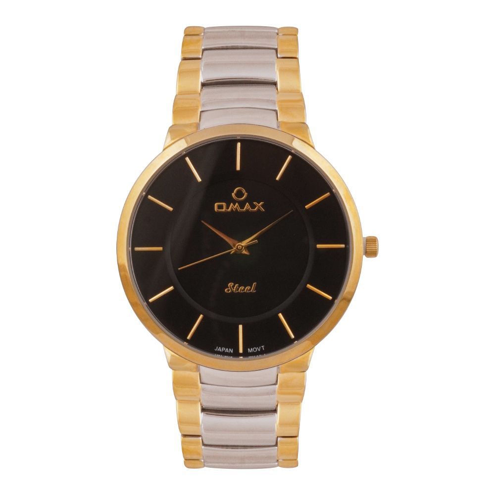 Omax Men's Steel Golden Round Dial & Black Background With Golden & Chrome Bracelet Analog Watch, OS0147NP02