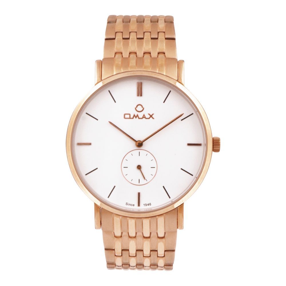 Omax Men's White Round Dial & Rose Gold Bracelet Analog Watch, OS01936P03