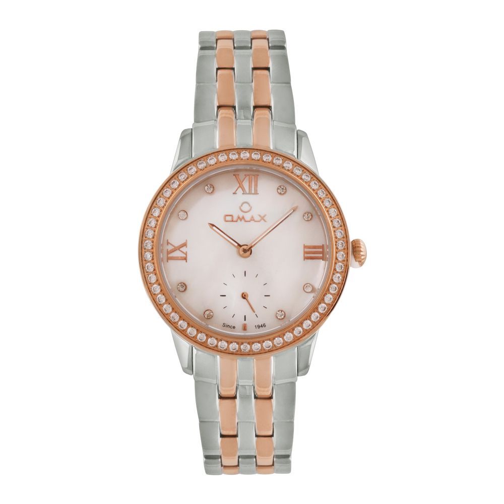Omax Women's Rose Gold Round Dial With Two Tone Bracelet Analog Watch, OS0222