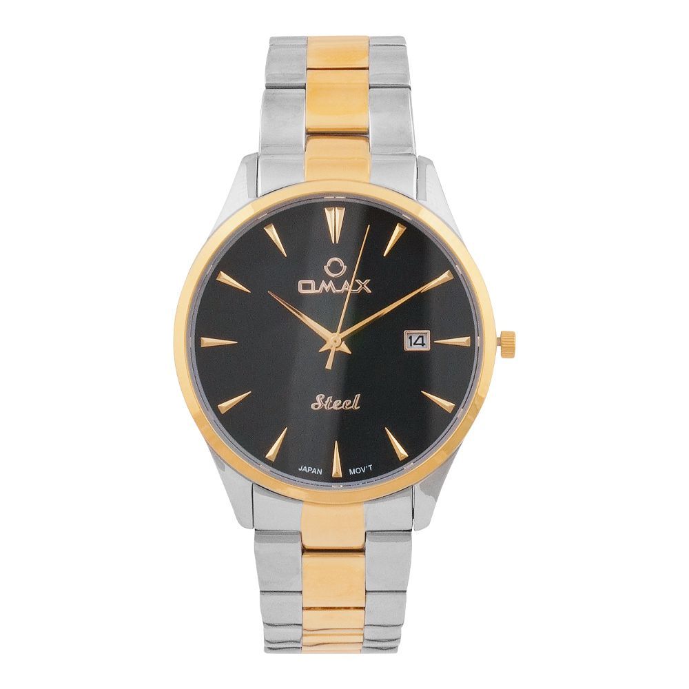 Omax Men's Steel Round Dial With Black Background & Two Tone Bracelet Analog Watch, OS0153NP02