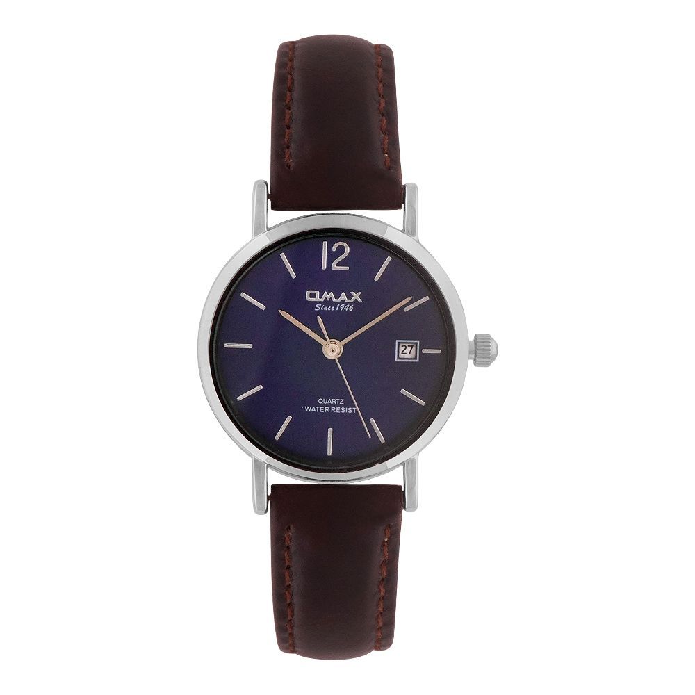 Omax Women's Chrome Round Dial With Navy Blue Background & Dark Brown Strap Analog Watch, HDL07P42I
