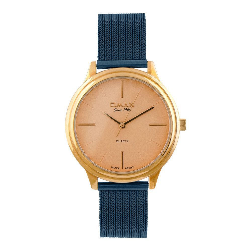 Omax Women's Golden Round Dial With Navy Blue Bracelet Analog Watch, FMB0286U0F