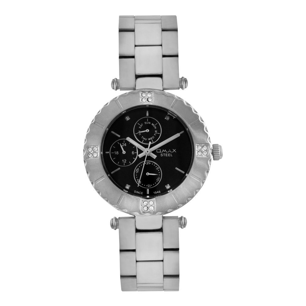Omax Women's Designed Silver Round Dial With Black Background & Bracelet Chronograph Watch, 46SMP26I