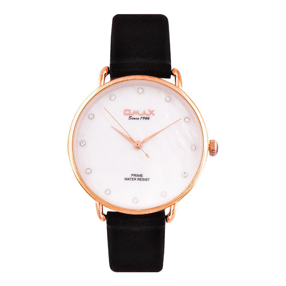 Omax Women's Rose Gold Round Dial With White Background & Black Plain Strap Analog Watch, PM001R62I