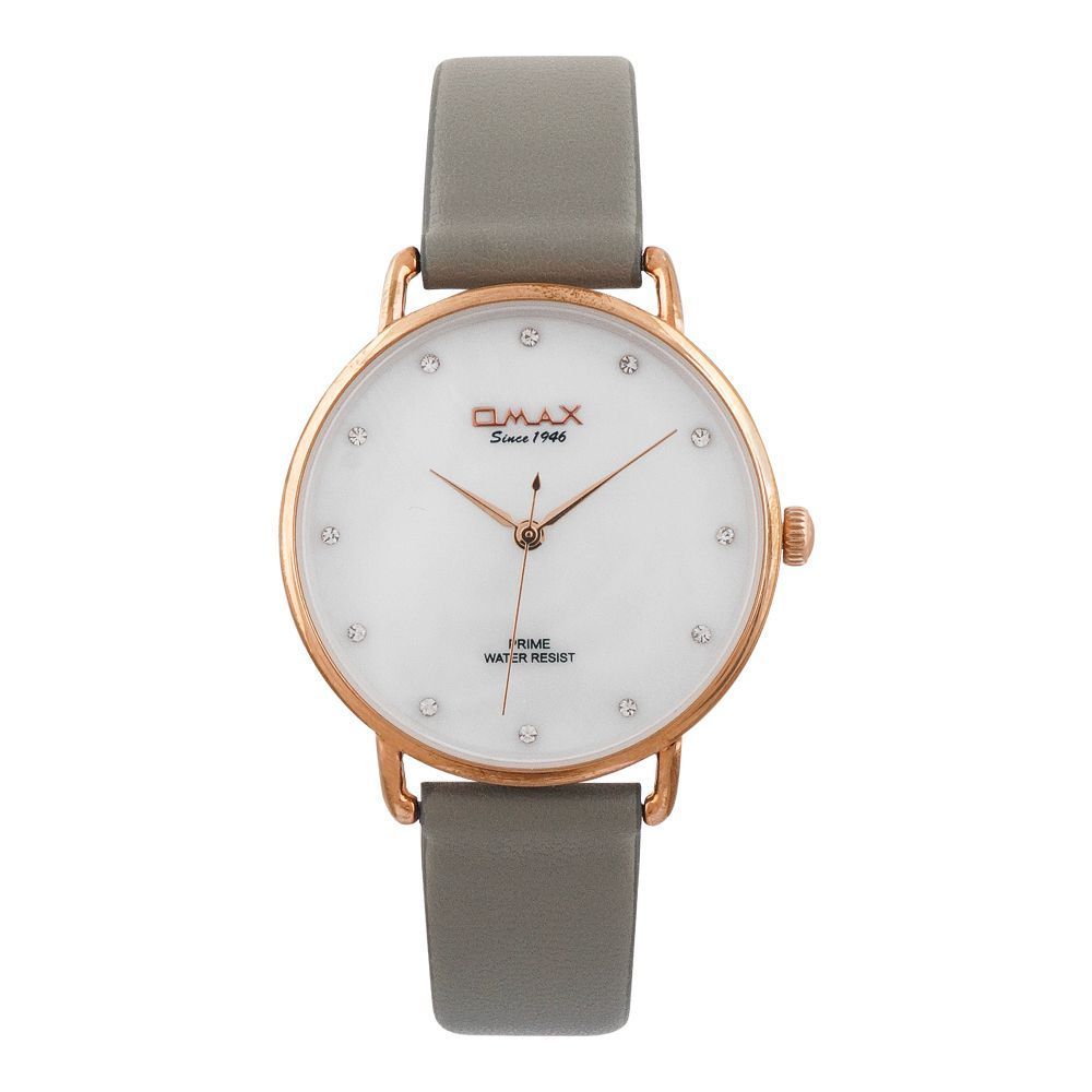 Omax Women's Prime Rose Gold Round Dial With White Background & Gray Plain Strap Analog Watch, PM001R69I