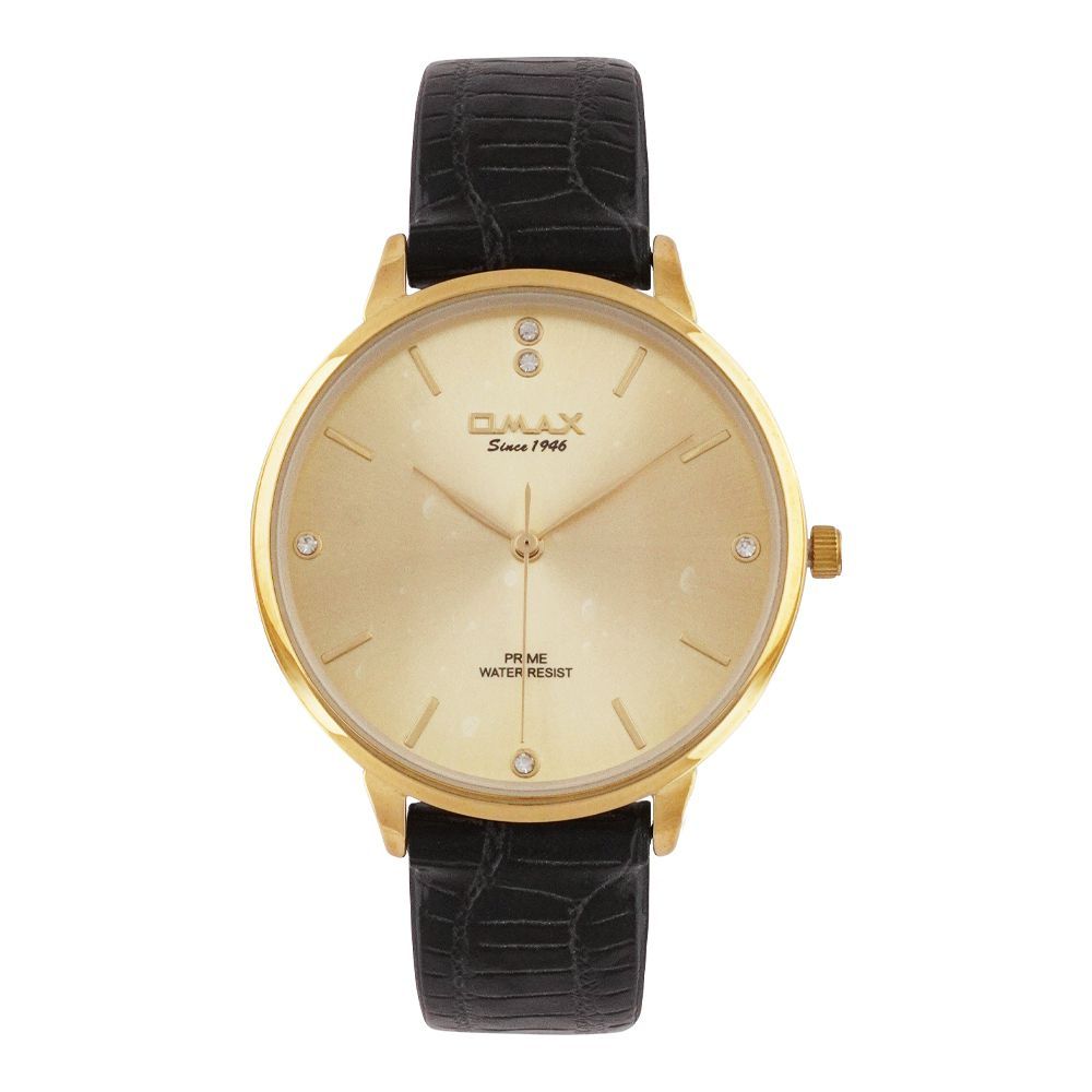 Omax Women's Golden Round Dial With Texture Black Strap Analog Watch, PM003G12I