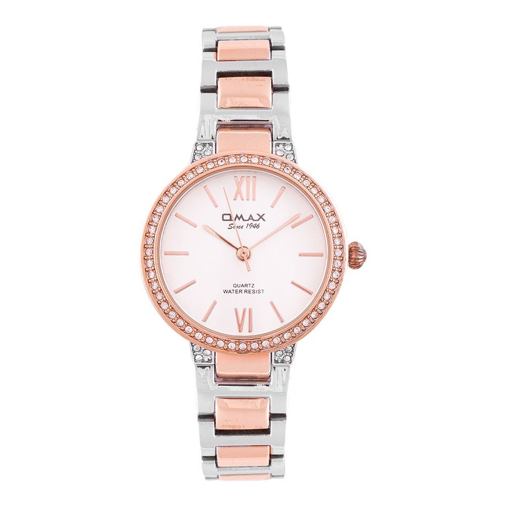 Omax Women's Baby Pink Designed Round Dial With Two Tone Bracelet Analog Watch, JED214N028