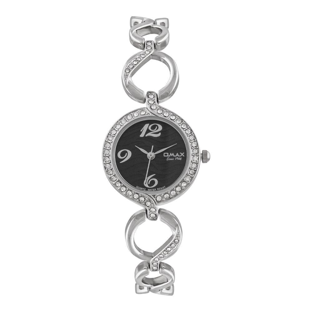 Omax Women's Silver Designed Round Dial With Black Background & Chain Analog Watch, JES962P004