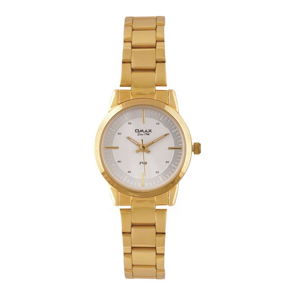 Omax Women's PVD Golden Round Dial With White Background & Golden Bracelet Analog Watch, ASL002Q008