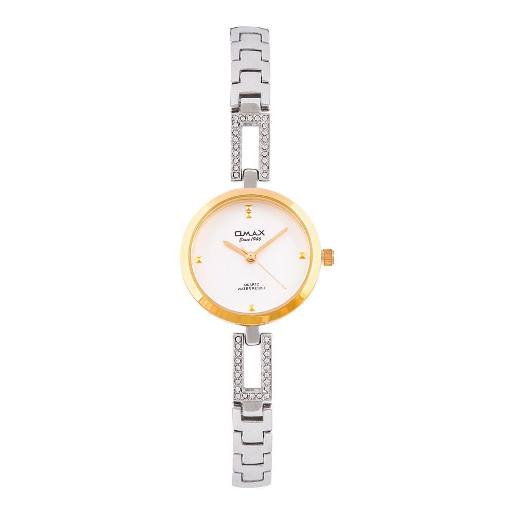 Omax Women's Designed Golden Round Dial With White Background & Designed Chain Analog Watch, JES986N008