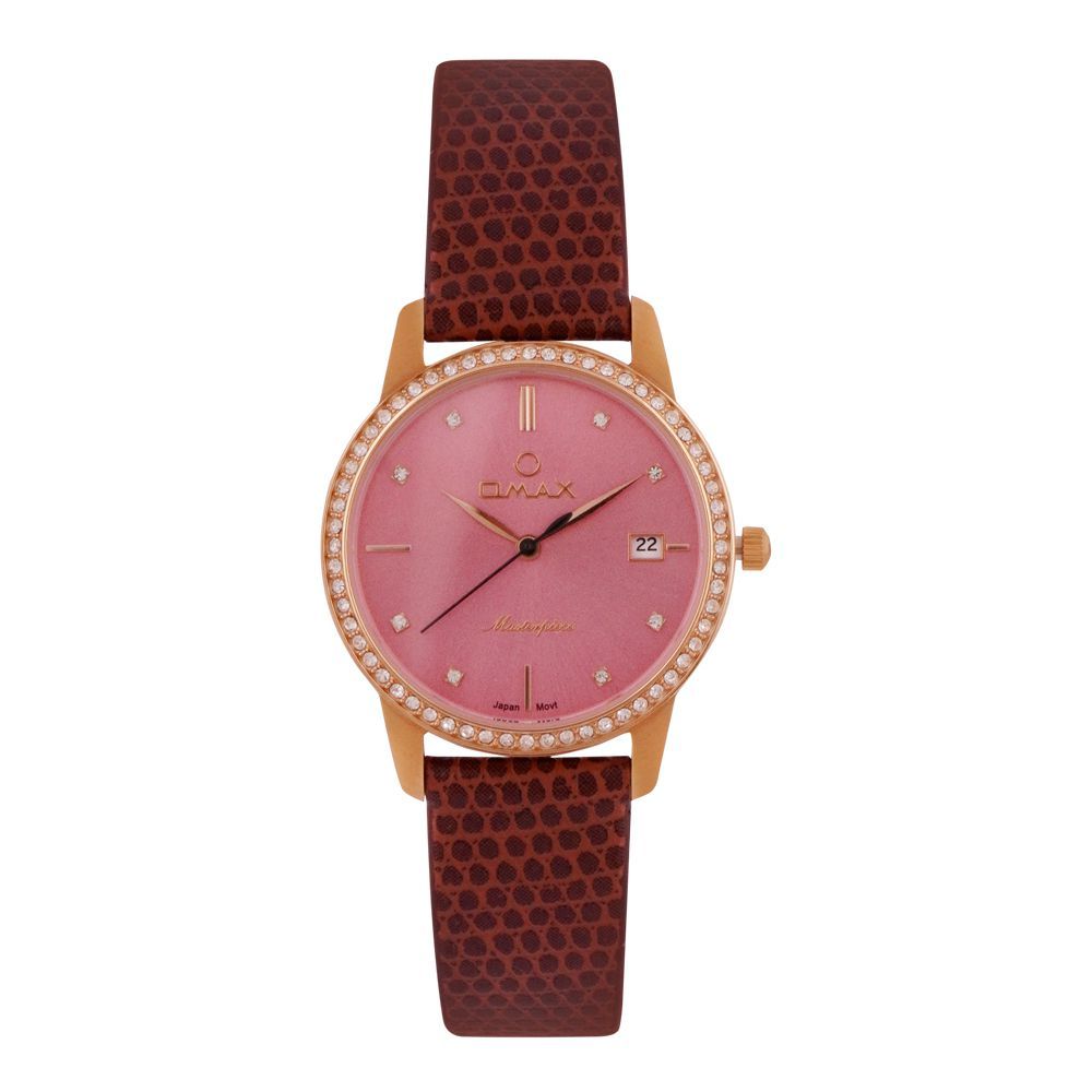Omax Women's Masterpiece Designed Round Dial With Pink Background & Texture Dark Brown Strap Analog Watch, ML03