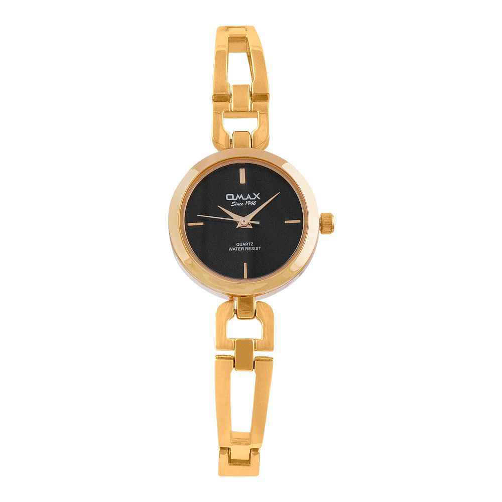 Omax Women's Golden Round Dial With Black Background & Chain Analog Watch, JJL846G002