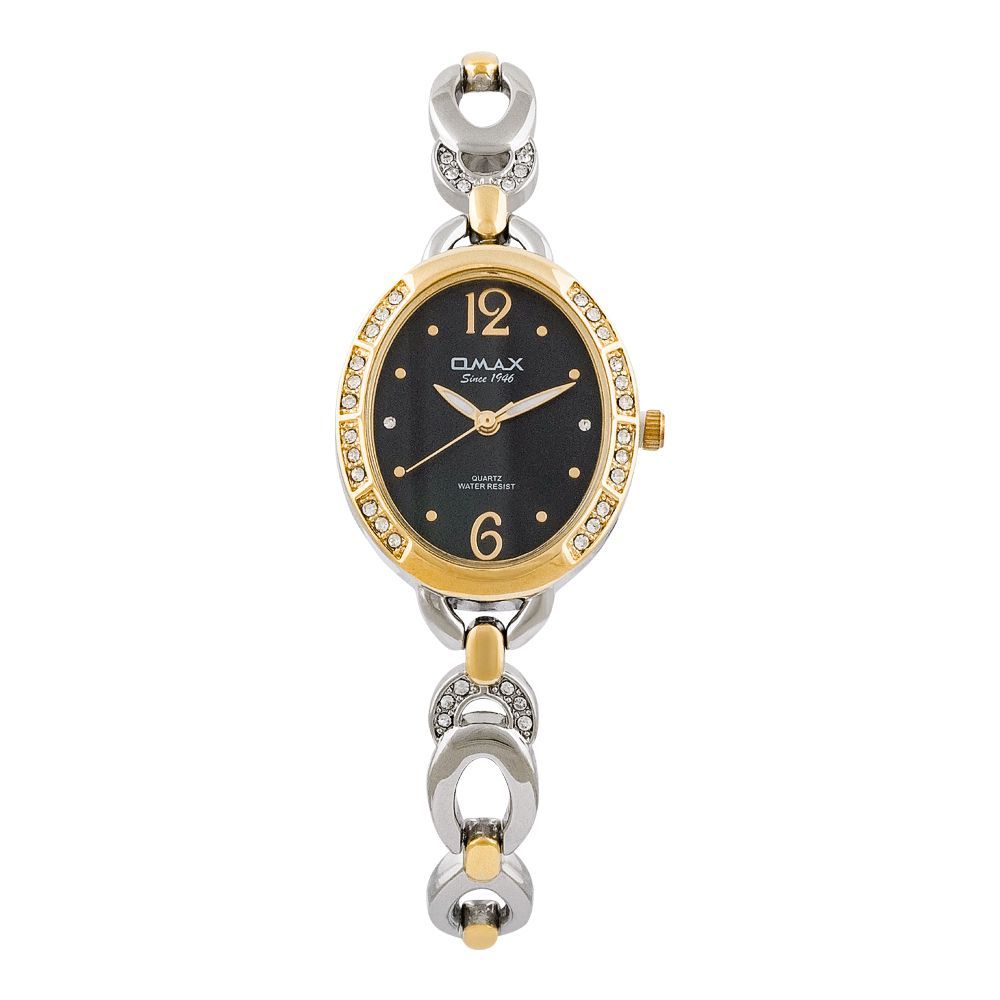 Omax Women's Designed Golden Oval Dial With Black Background & Designed Chain Analog Watch, JES968N002