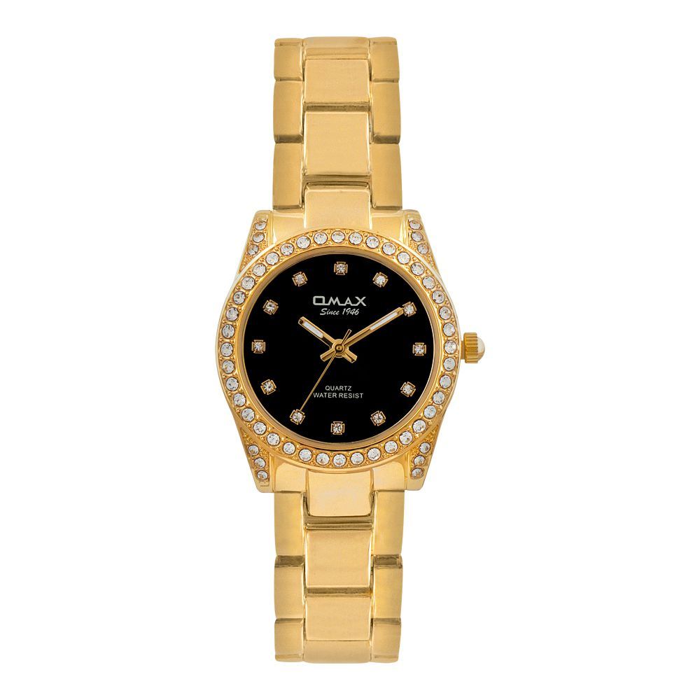 Omax Women's Designed Golden Round Dial With Black Background & Golden Bracelet Analog Watch, JED026G002