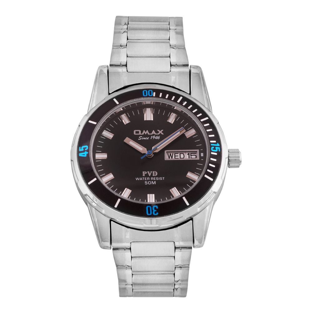 Omax Men's  PVD Black Round Dial With Digits & Black Background & Chrome Bracelet Analog Watch,