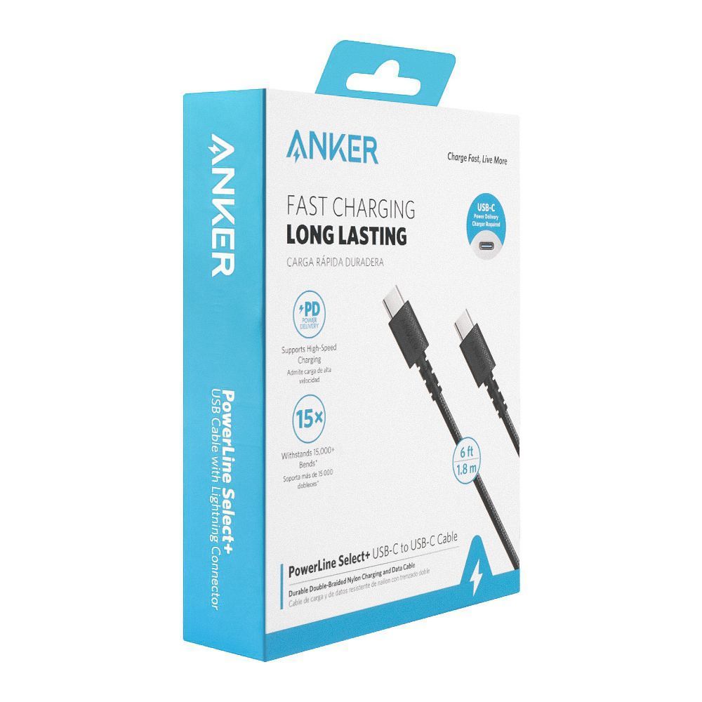 Anker Fast Charging Long Lasting Power Line Select+ USB-C To USB-C Cable, Black, A8033H11, 6ft
