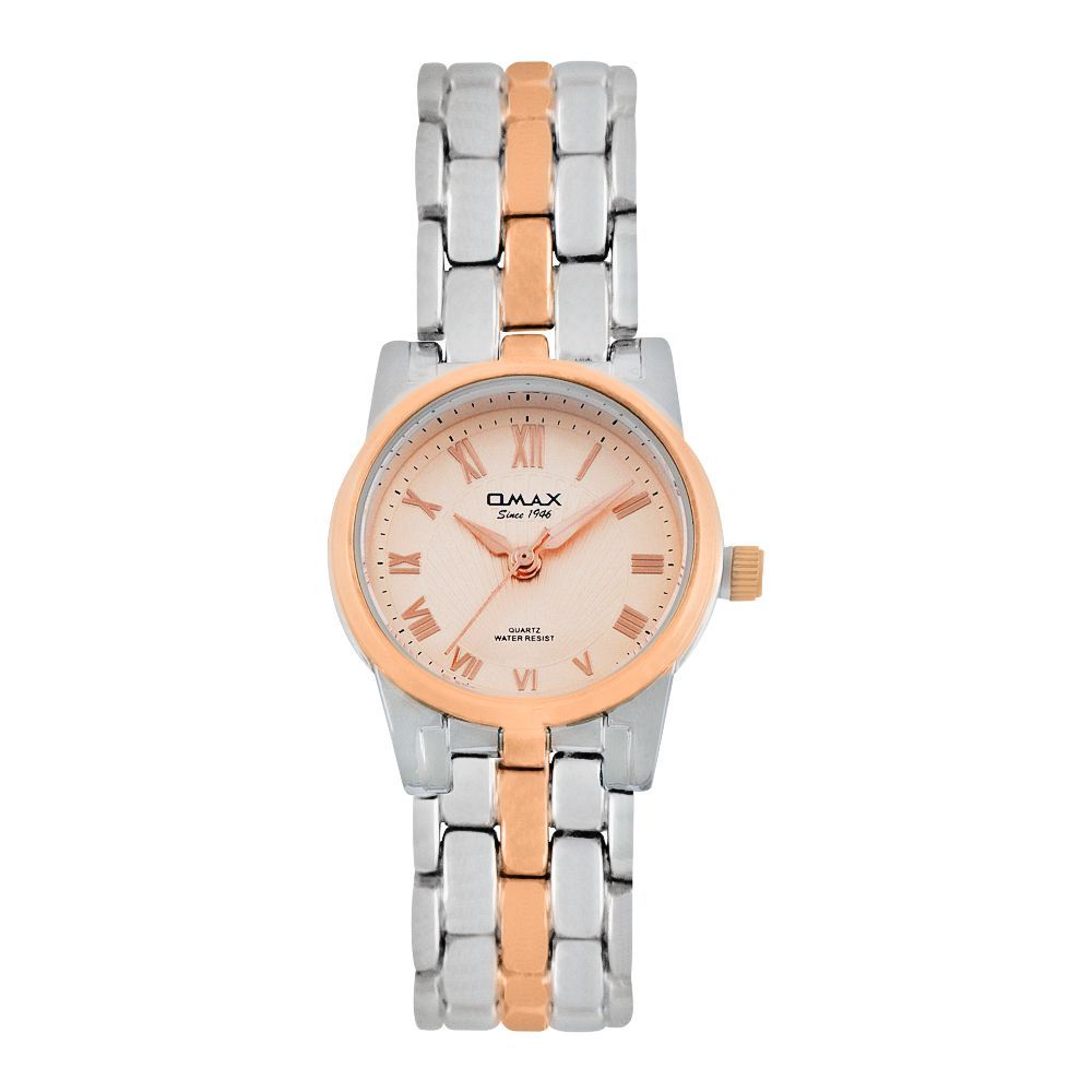 Omax Women's Quartz Water Resist Rose Pink Round Dial & Background With Two Tone Bracelet Analog Watch, HSA072N001