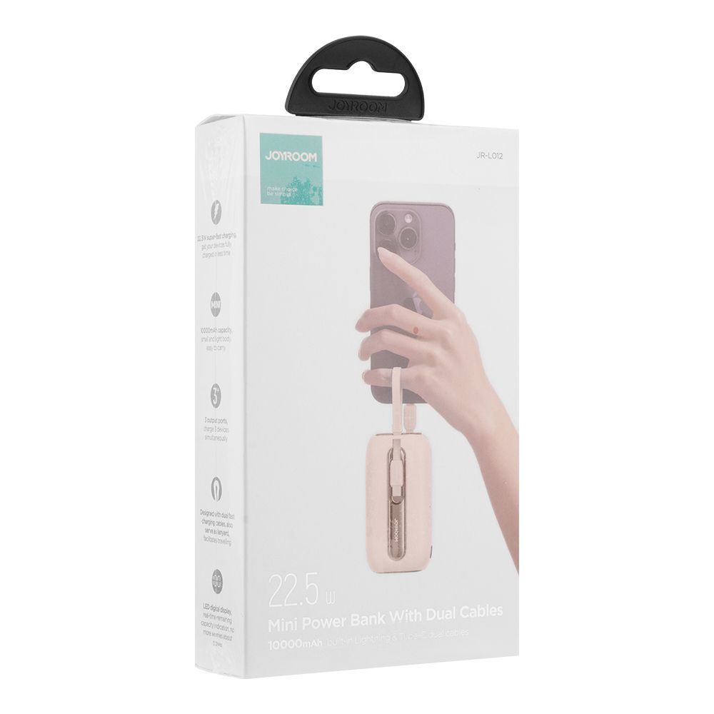 Joyroom 22.5W 10000mAh Mini Power Bank Built-In Lightening & Type-C Dual Cables, Pink, JR-L012