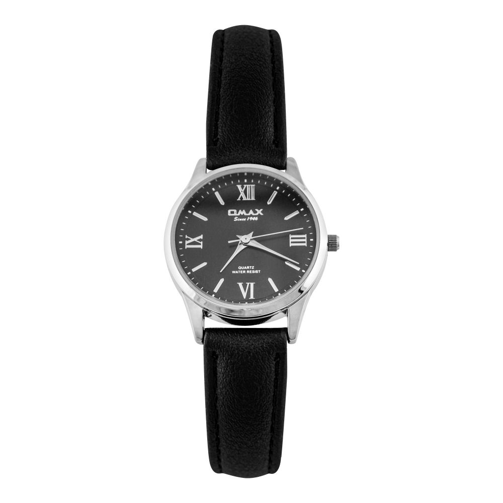 Omax Women's Chrome Round Dial With Black Strap Analog Watch, JXL05P22I