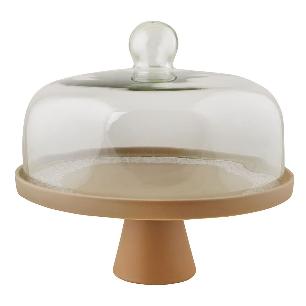 Angela Bird Cake Serving Set with Cake Dish, Lifter & Glass Lid, Brown, MK308