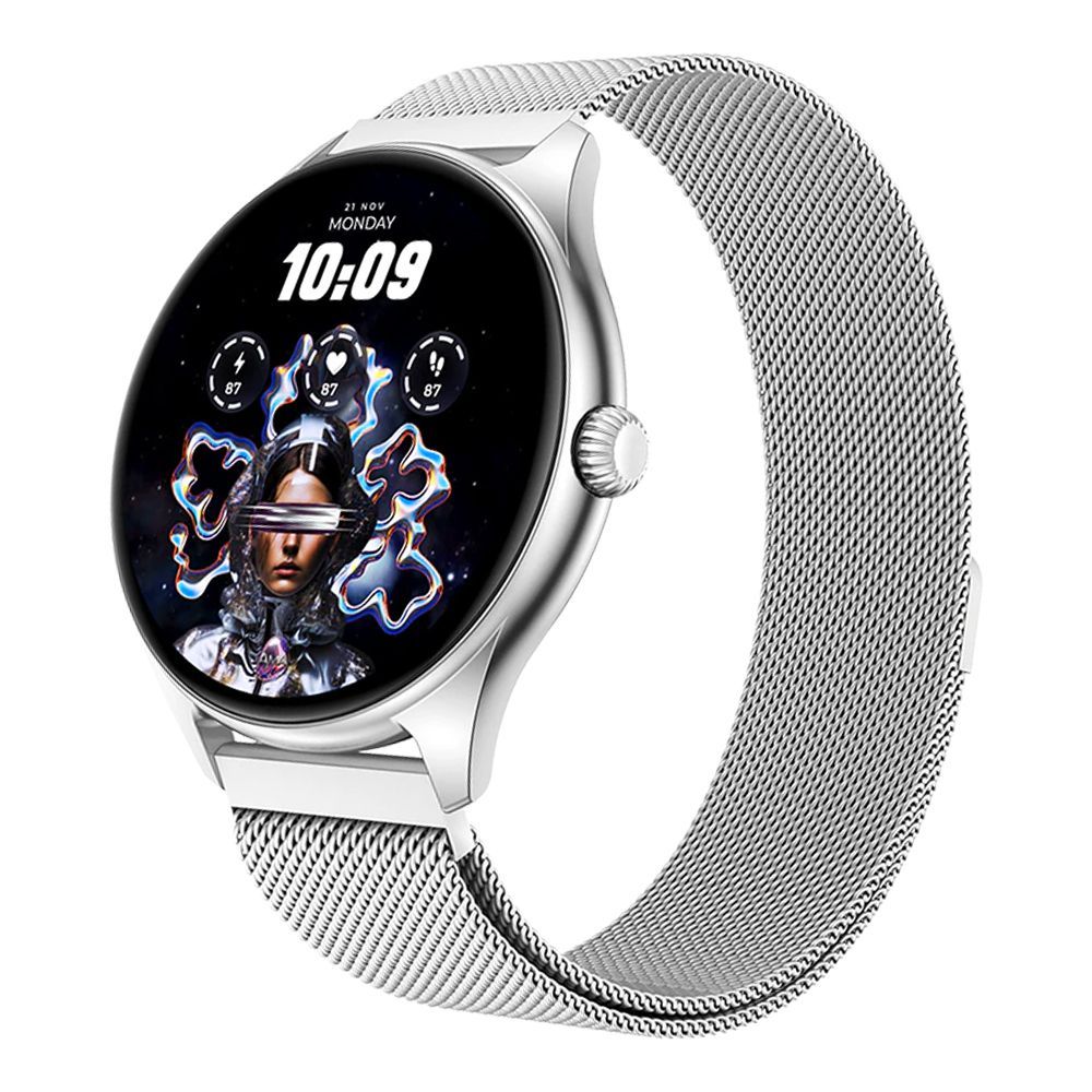 Zero 1.43" Amoled HD Display Pixel Smart Watch, BT Calling, 100+ Watch Faces & Sports Modes, 7 Days Battery, Silver Strap