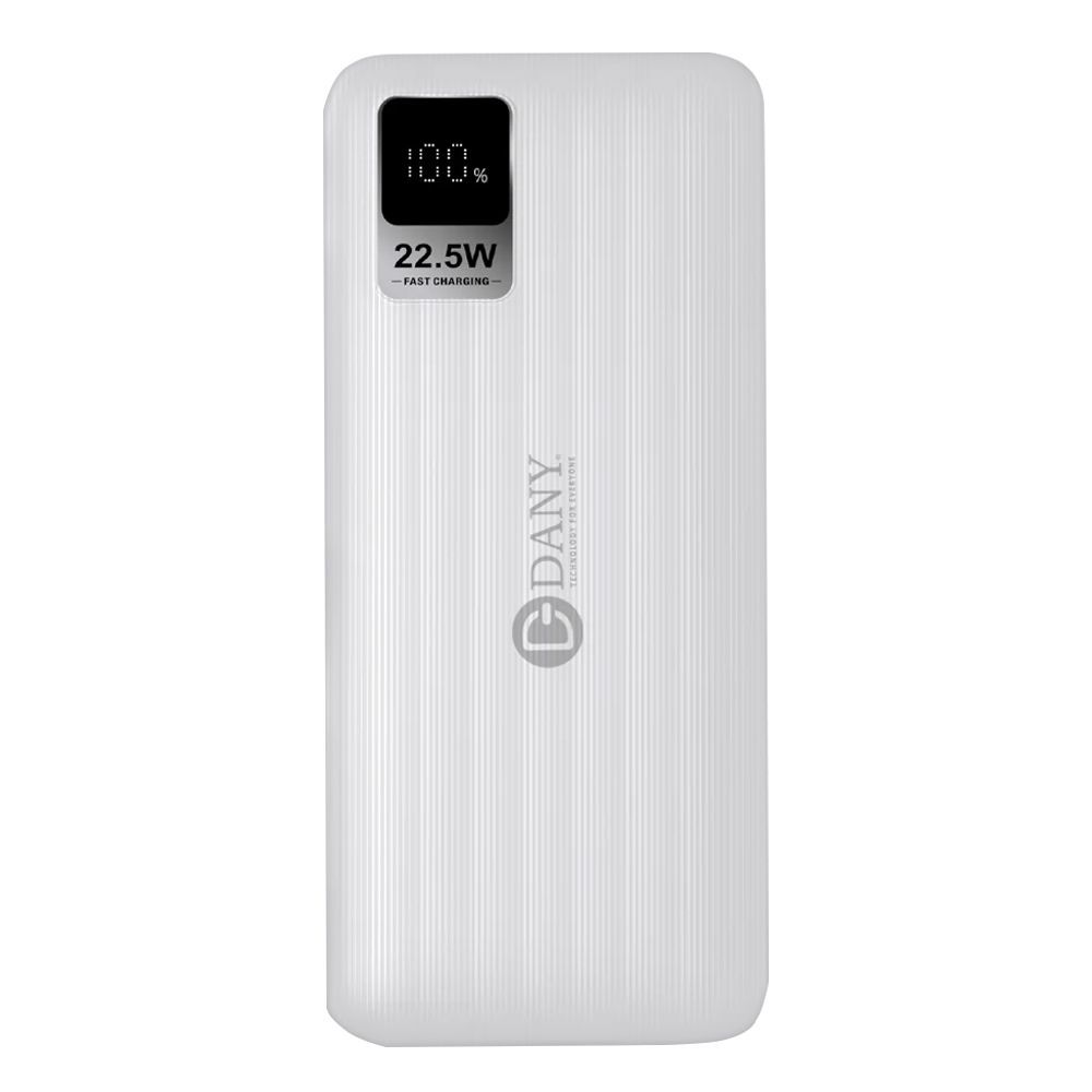 Dany Flash F-10 Power Bank, 10000 mAh, 22.5W, Digital Display, Lightning & Type-C Cables, White