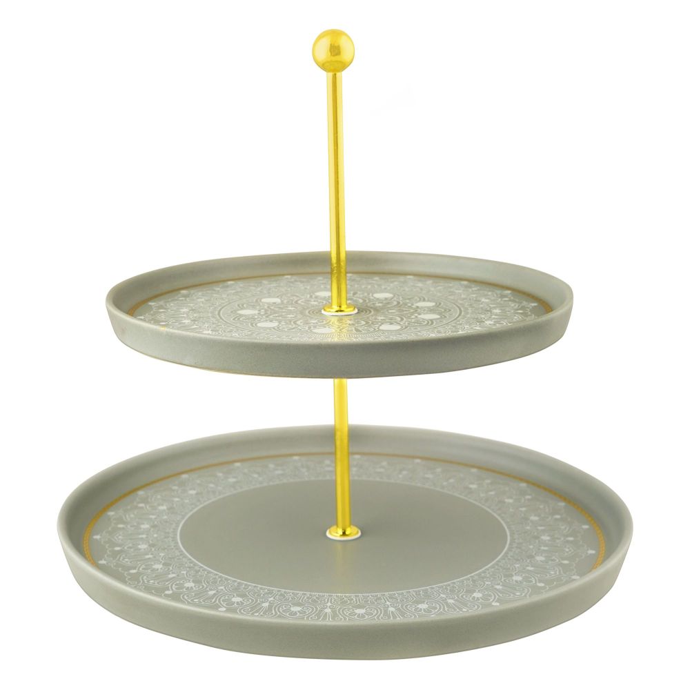 Angela 2-Tier Embossed Round Cake Serving Stand, Ideal For Cupcakes, Pastries, Donuts & Desserts, Grey, MK293