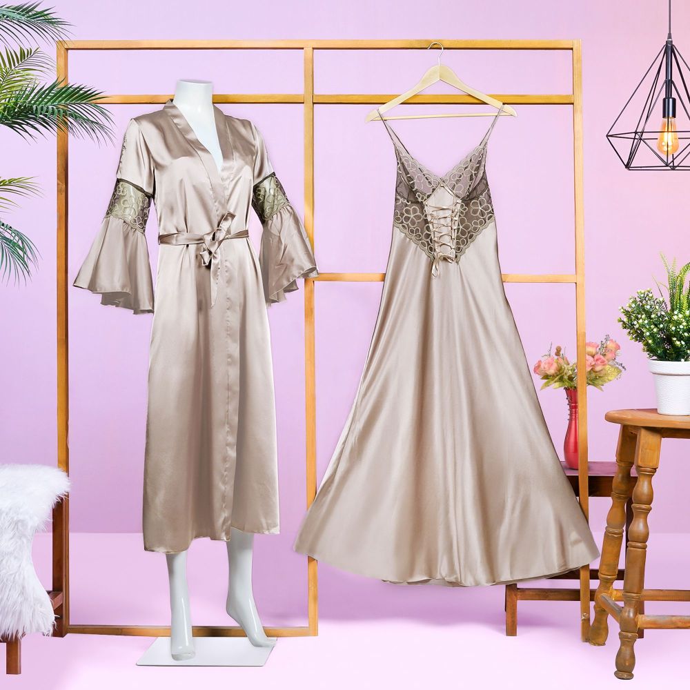 Moon Girl 2-Piece Nightdress With Long Nighty and Ankle Length Robe, Silver, 508