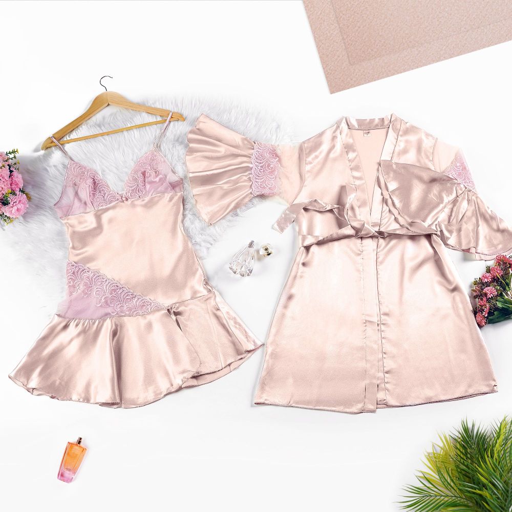 Moon Girl 2-Piece Nightdress With Short Nighty and Robe, Tea Pink, 522