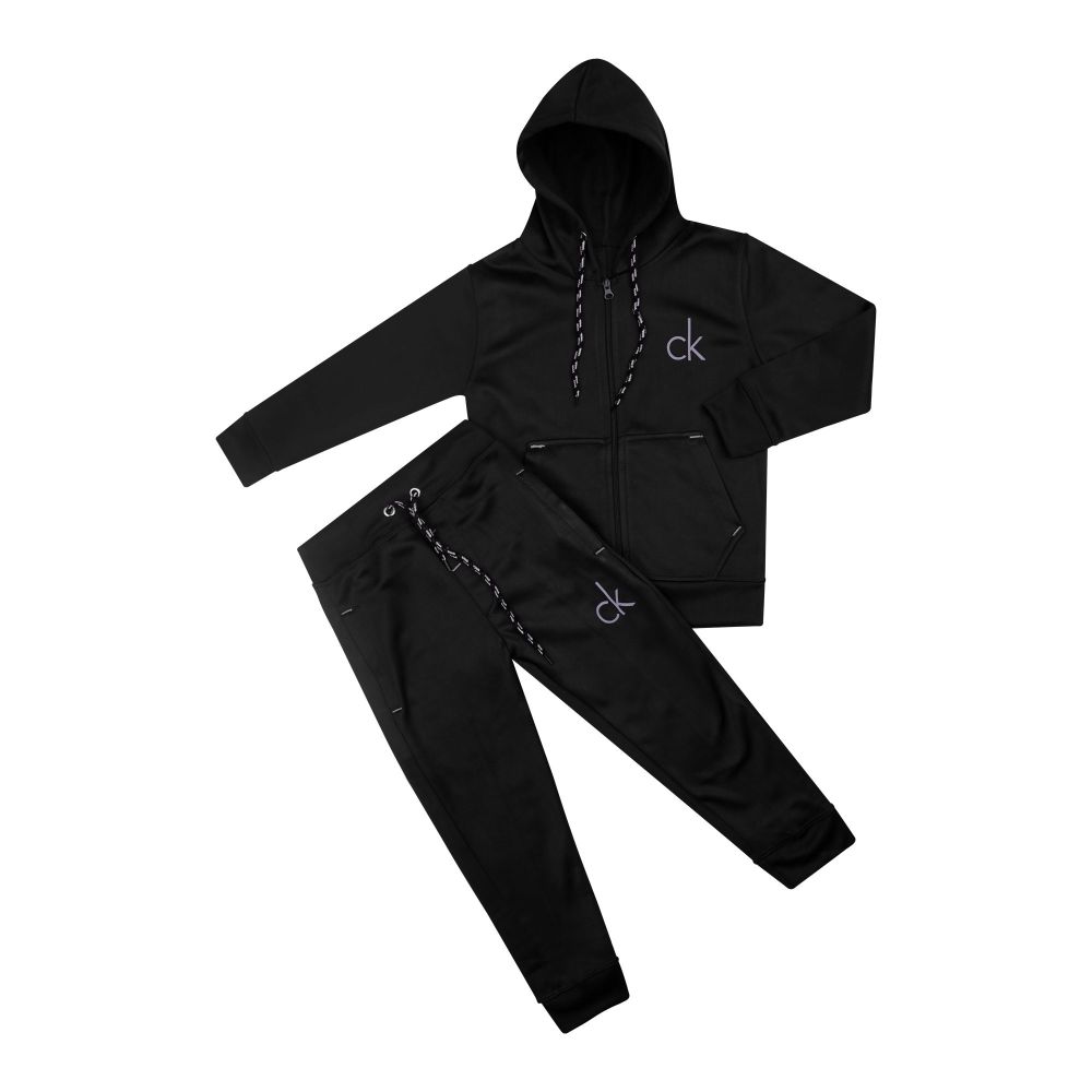 Men's Fleece Tracksuit, Zipper Hoodie and Trouser, Black, CK
