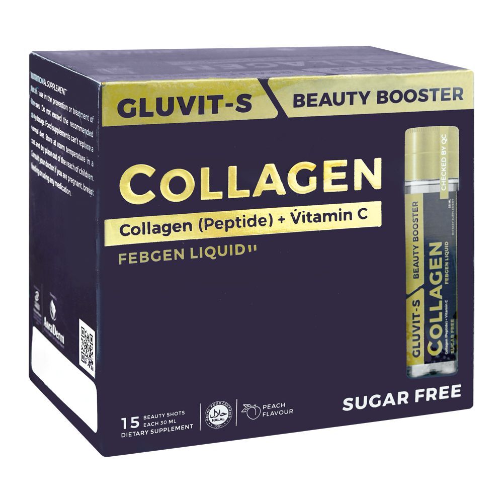 Gluvit-S Collagen (Peptide) + Vitamin C Febgen Liquid Oral Shots, Sugar Free, Peach Flavour, 30ml