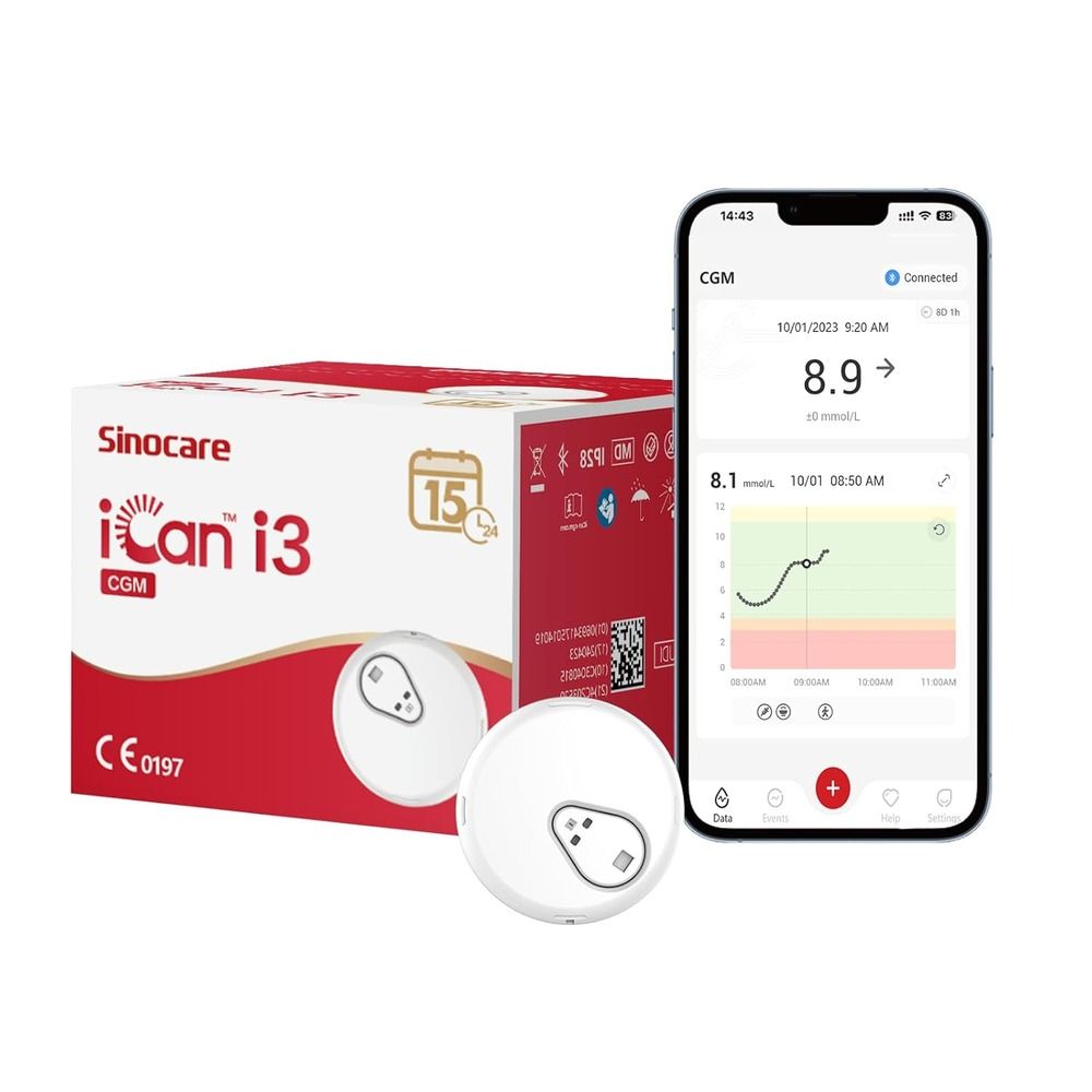 Sinocare iCan 15-Day Glucose Monitor with App, Fewer Finger Pricks, Diabetes Management Kit, 1-Pack