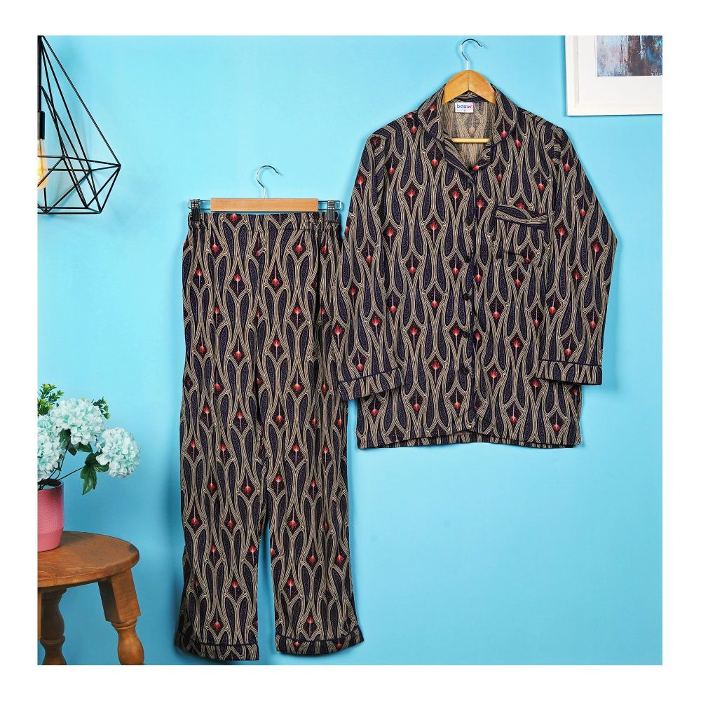 Basix Women's Abstract Pattern Loungewear Dress, 2-Piece Pajamas Set, Mid-Night Blue, LW-648