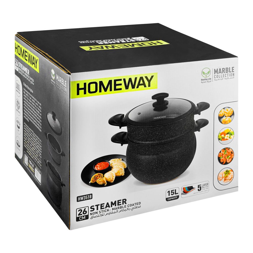 Homeway 2-Tier Marble Coated Non-Stick Steamer Pot with Glass Lid, For Healthy Cooking, HW 3518