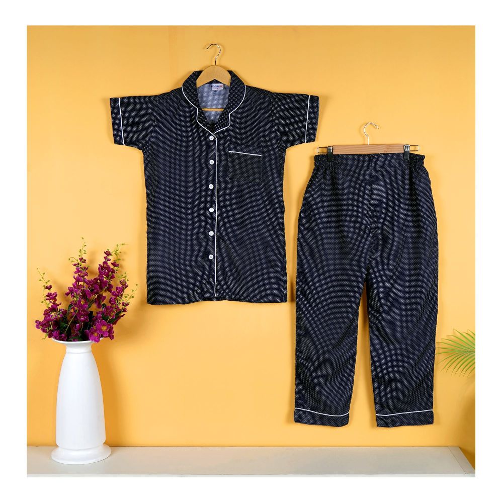 Basix Women's Navy & White Star Galaxy Short Sleeves Loungewear Dress, 2 Piece Set, LW-653