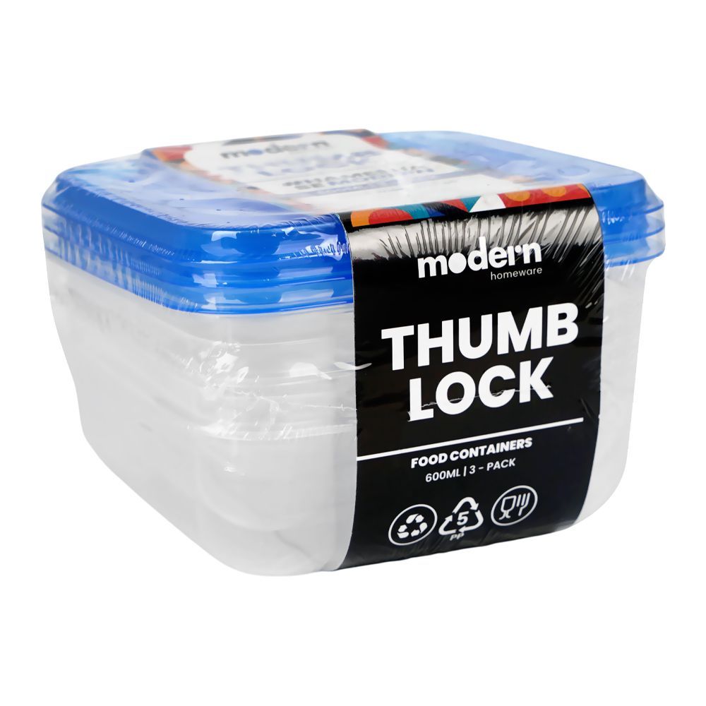 Modern Thumb Lock Food Container, Blue, 600ml, Tl603, 3-Pack