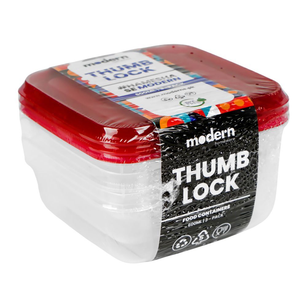 Modern Thumb Lock Food Container, Red, 600ml, Tl603, 3-Pack