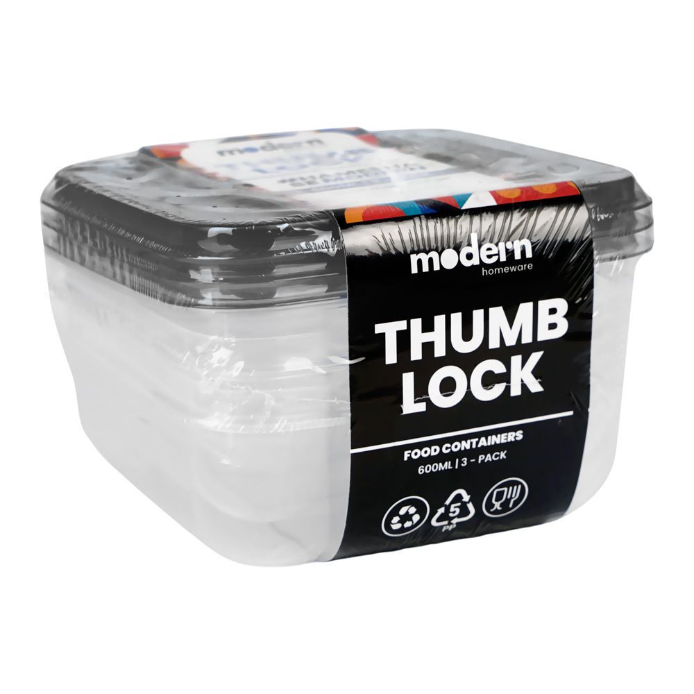 Modern Thumb Lock Food Container, Gray, 600ml, Tl603, 3-pack