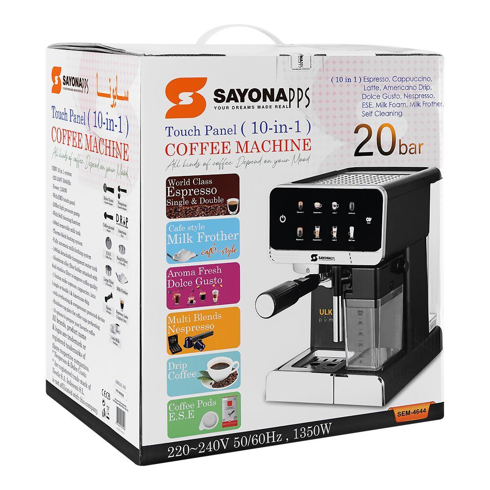 Sayona Touch Panel 10-In-1 Coffee Machine, 20 Bar, 1350W, 500ml, SEM-4644