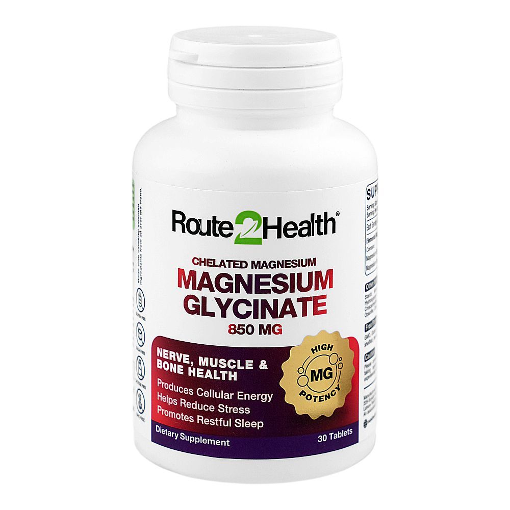 Route 2 Health Chelated Magnesium Glycinate Dietary Supplement Tablet, 250mg/850mg, 30-Pack