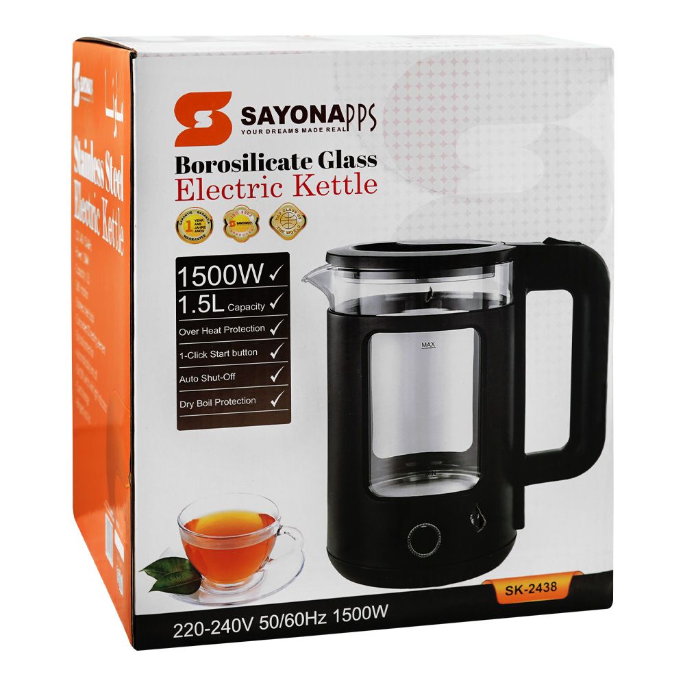 Sayona Borosilicate Glass Electric Kettle, 1500W, 1.5 Liter, SK-2438