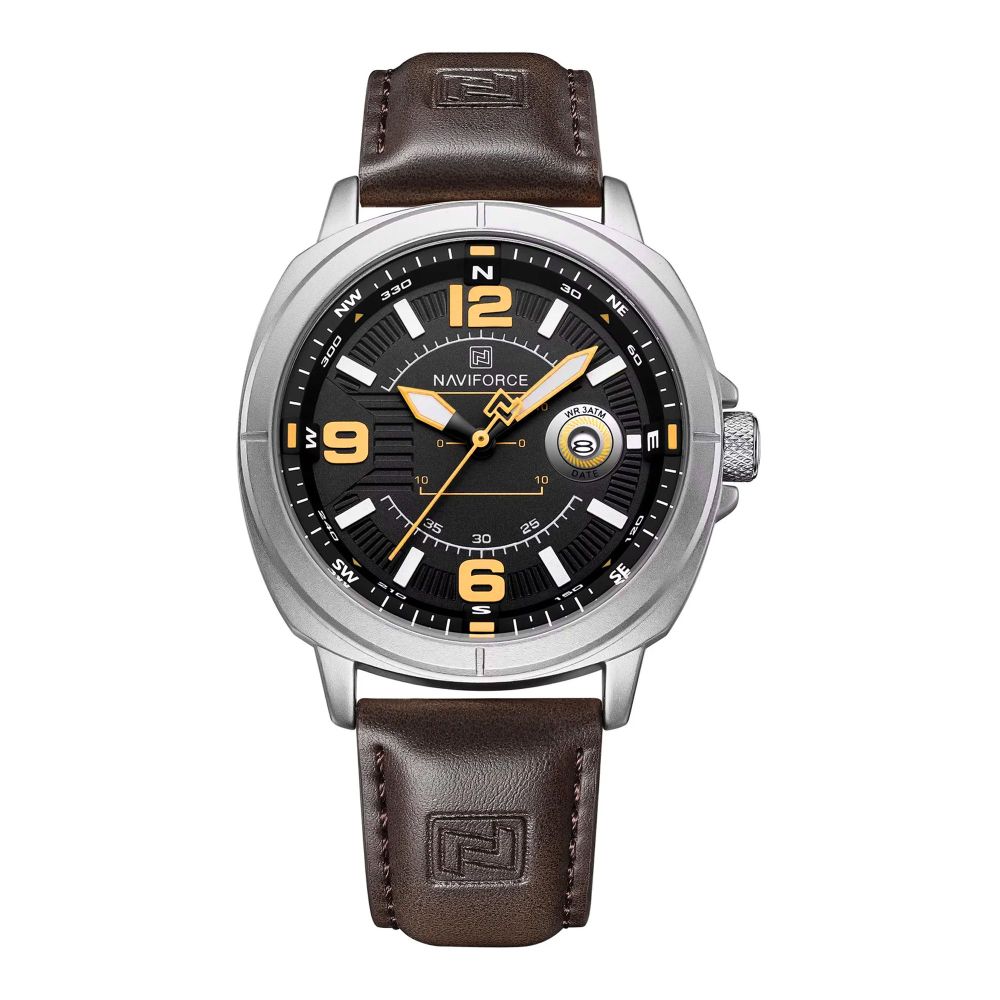 Naviforce Men Analog Watch With Black & Yellow Dial With Dark Brown Leather Strap, NF8078 S/Y/D.BN